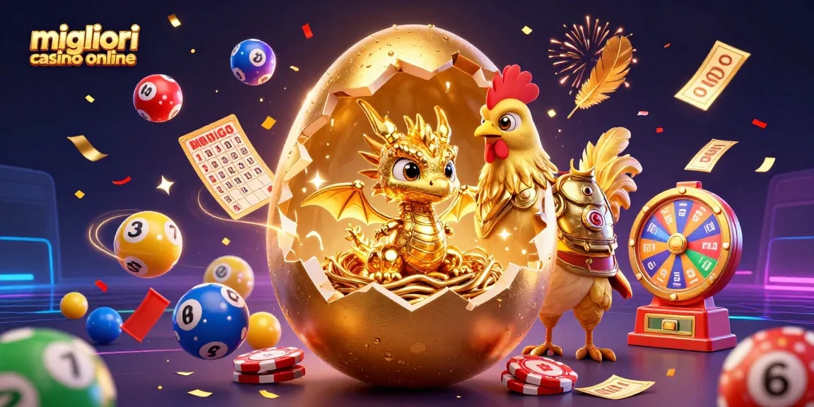 Gioca nei migliori casino online con questa vivace scena ricca di elementi casinò, fra cui un drago d'oro su un nido di fiches.