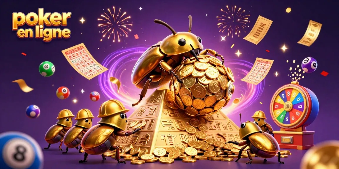 Gagnez au poker en ligne avec des jetons d'or et des symboles de casino dans un cadre festif et vibrant.