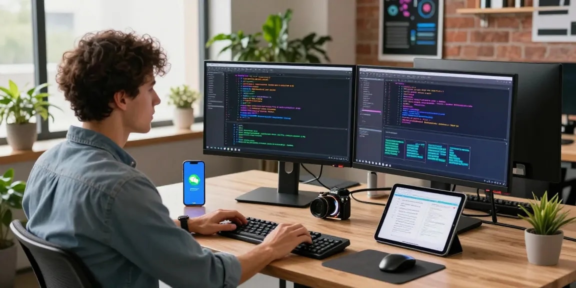 Fostering innovation in software development at telegraimin.com workspace with dual monitors and modern tech setup.