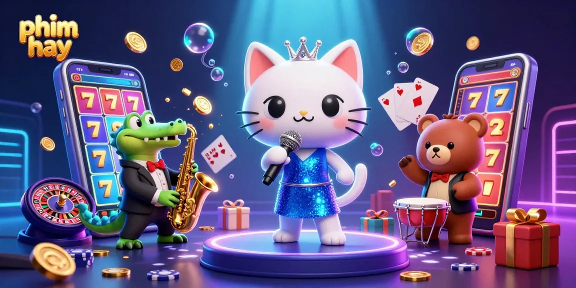 Play thrilling slot games with phim hay in this vibrant casino illustration featuring lively characters.