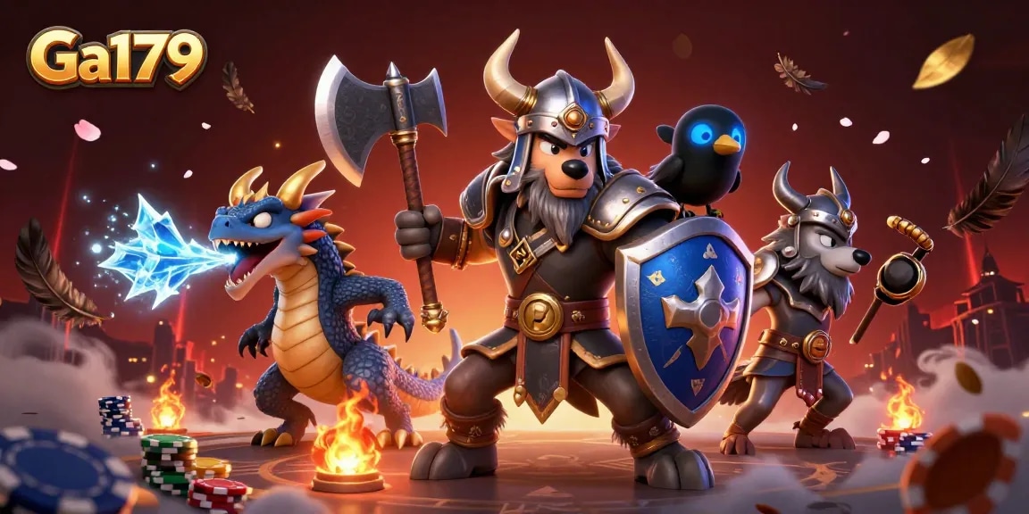 Engage with thrilling Ga179 cockfighting action amidst a vibrant casino atmosphere featuring a Viking warrior.