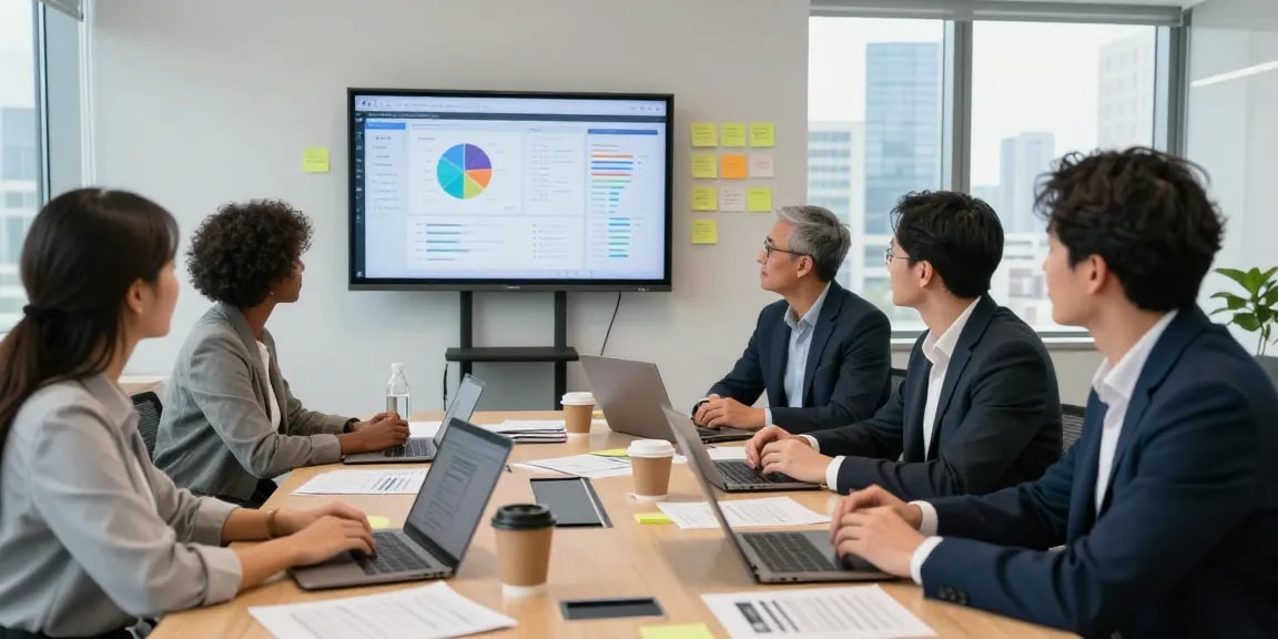 Elite Generations team collaborating in a modern office meeting, highlighting innovation and teamwork.