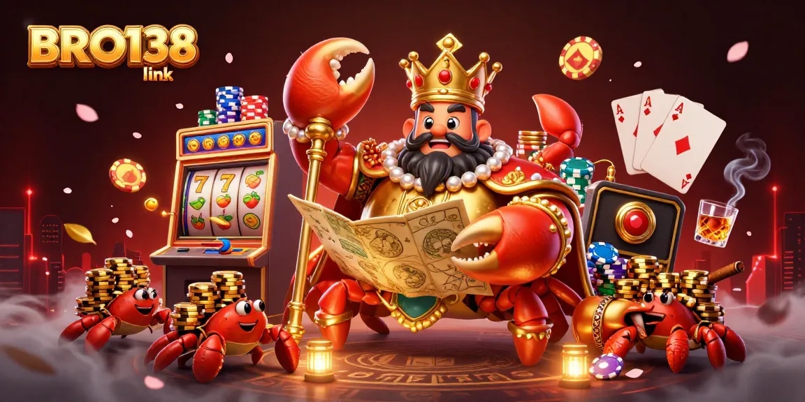 Experience the thrill of winning at BRO138 link with a golden crab emperor overseeing vibrant slot machines and poker elements.