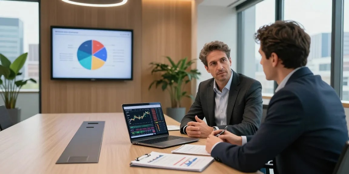 Serge Robichaud providing expert financial advisory to a client in a modern office setting.