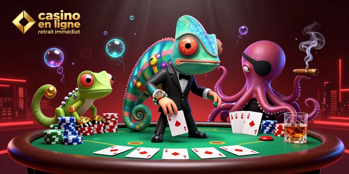 Découvrez le casino en ligne retrait immédiat avec cette illustration dynamique de jeux de cartes et de personnages captivants.