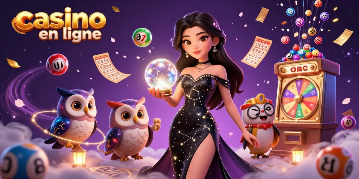 Vivez l'excitation dynamique du casino en ligne avec une femme éblouissante et un hibou au cœur d'une scène de loterie animée.