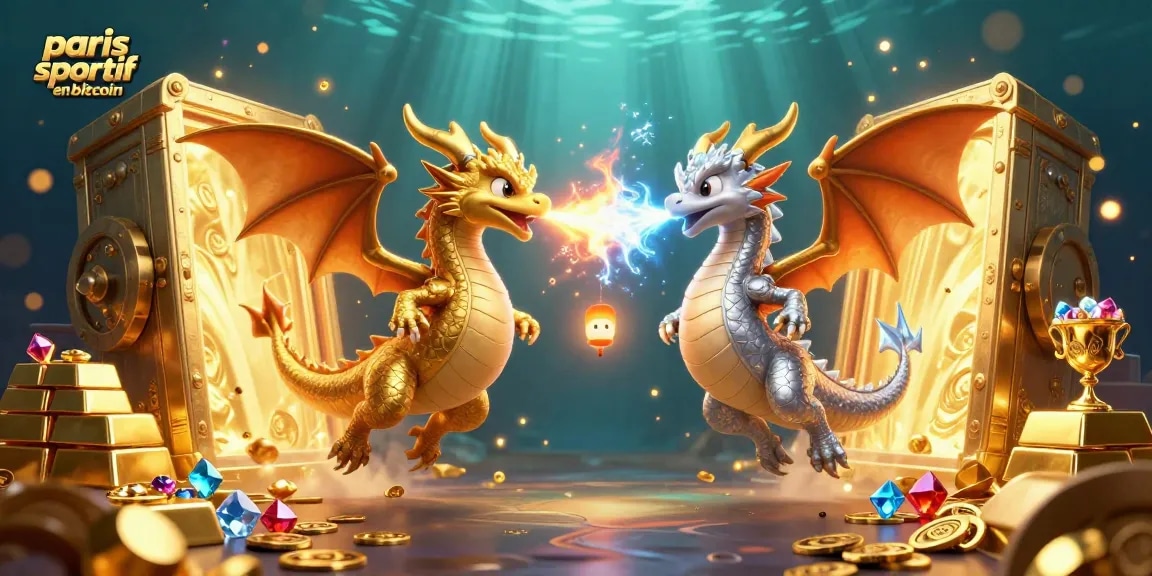 Pariez sur des plateformes de paris sportif en bitcoin, avec des dragons grandeur nature, joyaux et trésors autour d'eux.