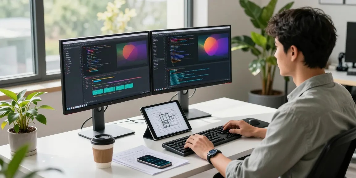 Developer working on 纸飞机中文版 in a modern office, with screens displaying code and design.