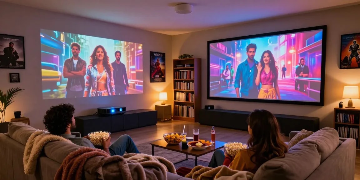 Enjoy a cozy movie night at home with films from https://www.bolly4uorg.in featuring a couple on a couch with ambient lighting.