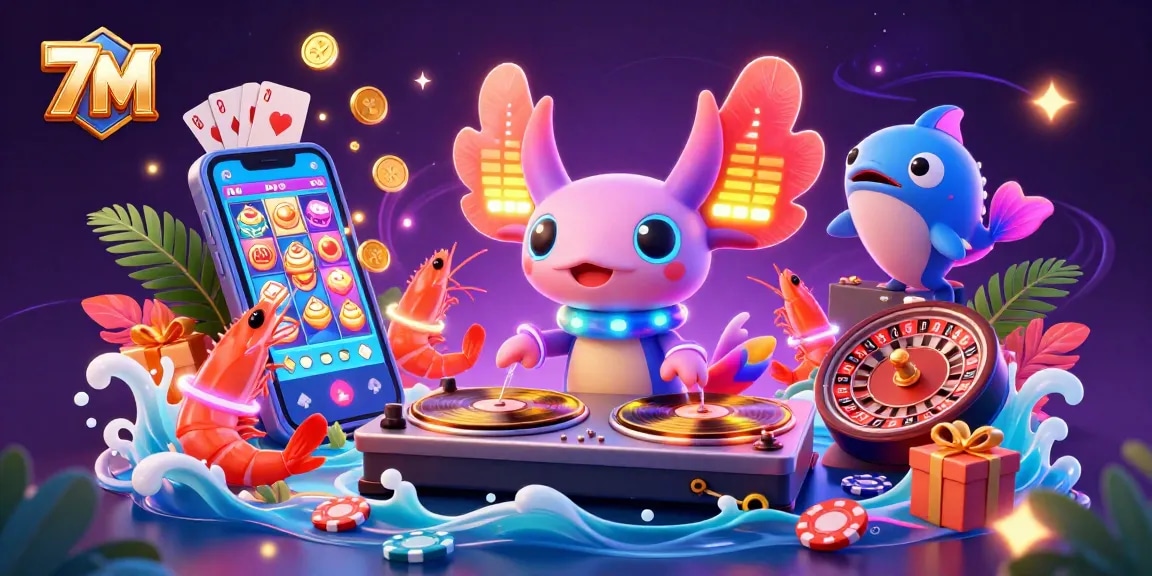 Experience the vibrant energy of 7M gambling with neon characters and slot games in action.