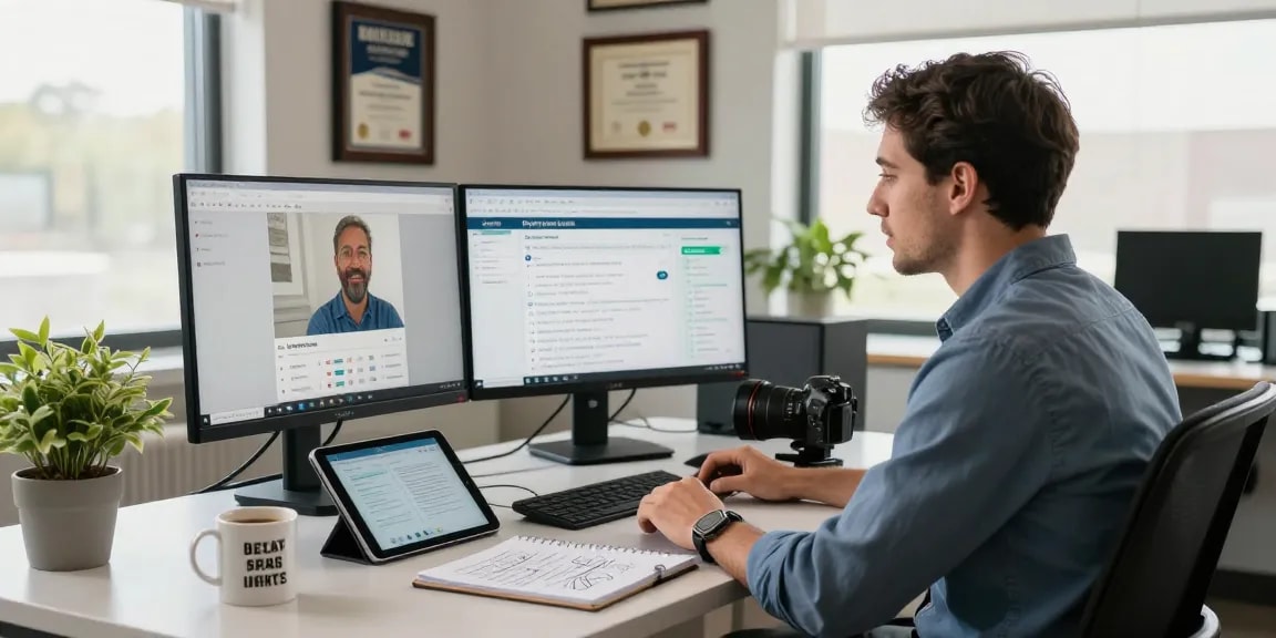 David Vepraskas Atlanta engaged in a professional video call, showcasing a modern office with digital analytics.