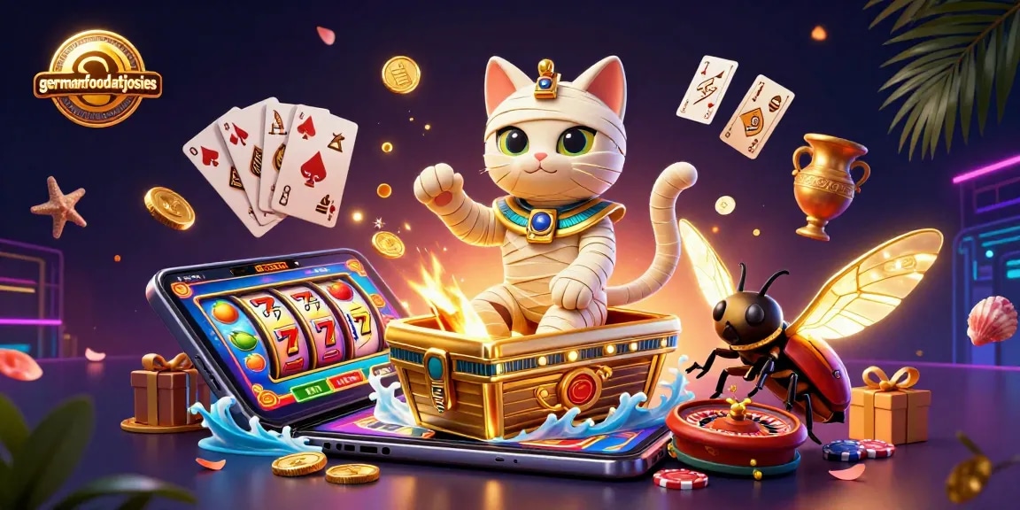 Spin to win with germanfoodatjosies as a mummy cat bursts from a slot-filled pyramid casino.