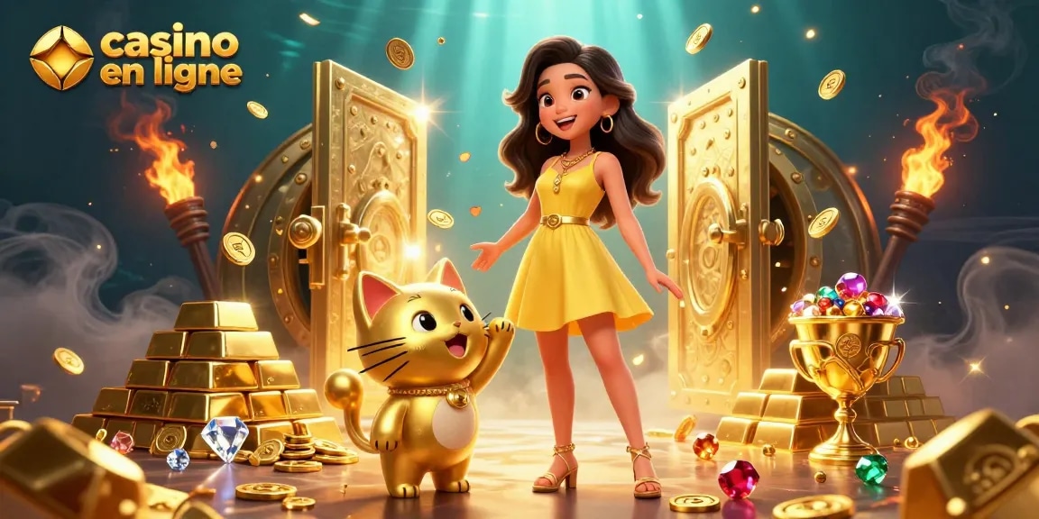 Jouez au casino en ligne avec la joyeuse femme asiatique et le chat porte-bonheur dans une scène de trésor vibrante