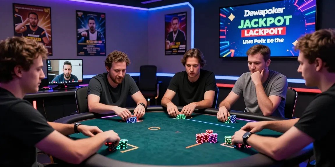 Dewapoker Live Jackpot players competing in an exciting online poker tournament with vibrant lighting and digital engagement.