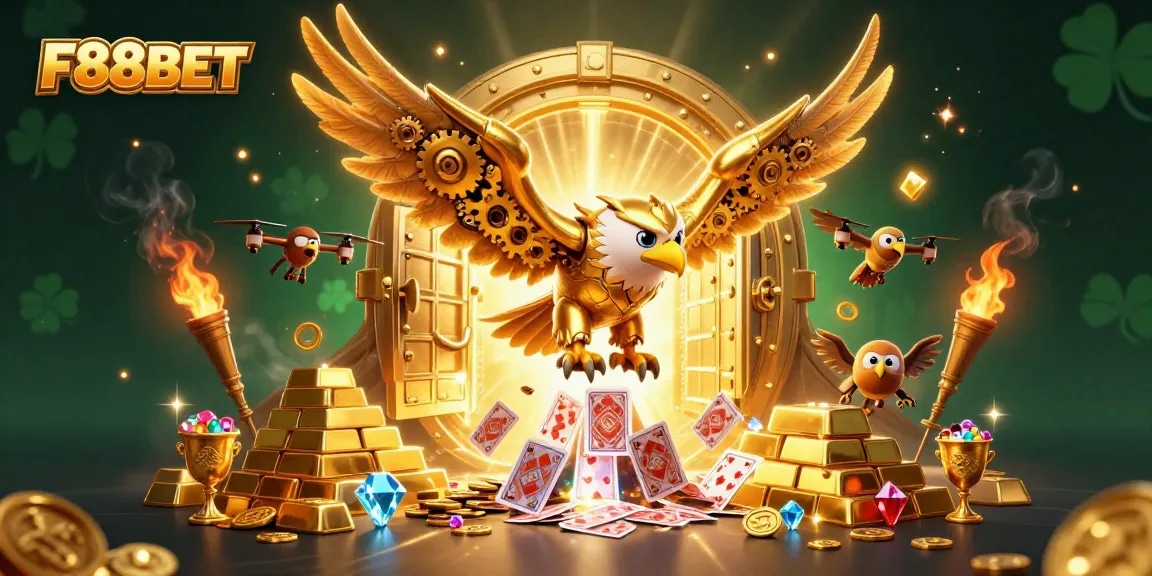 Experience thrilling winnings at F88BET with the captivating golden eagle soaring through a treasure-filled casino scene.