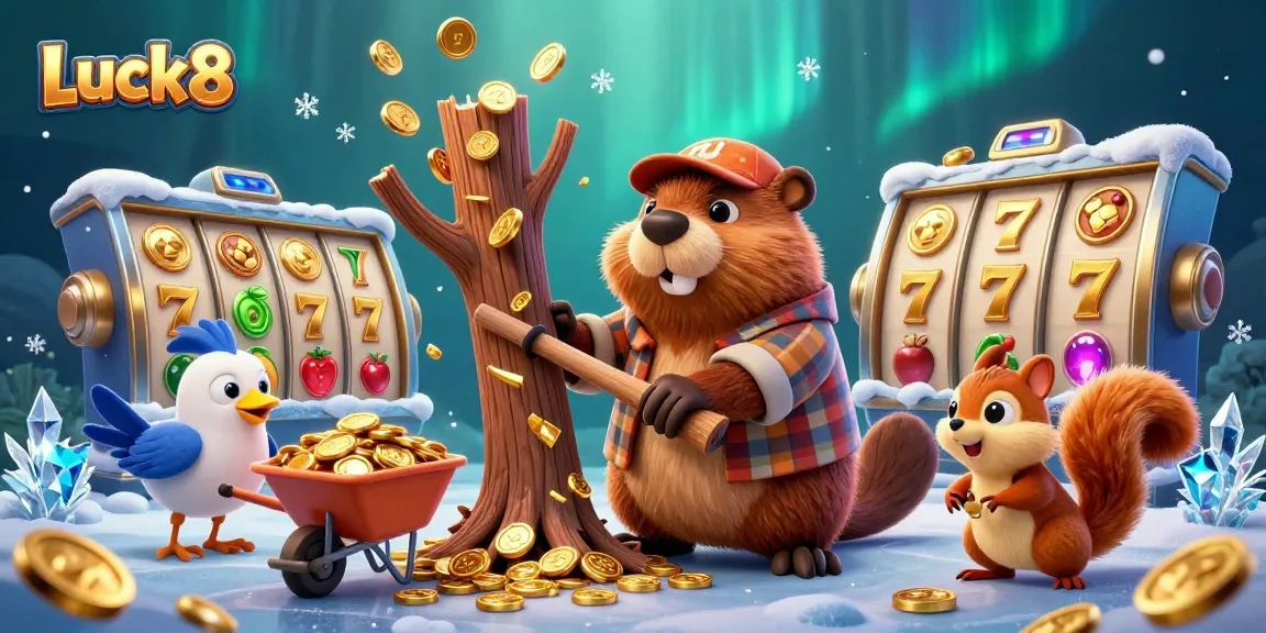Experience Luck8's vibrancy with a cartoon beaver collecting golden coins amid slot games and dynamic visuals.