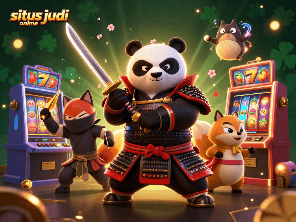 Gambarkan permainan di situs judi online dengan karakter kartun 3D dalam suasana kasino yang fantastis.