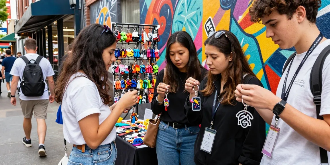 Engaging street scene featuring personalized keychains, showcasing creativity and unique styles.