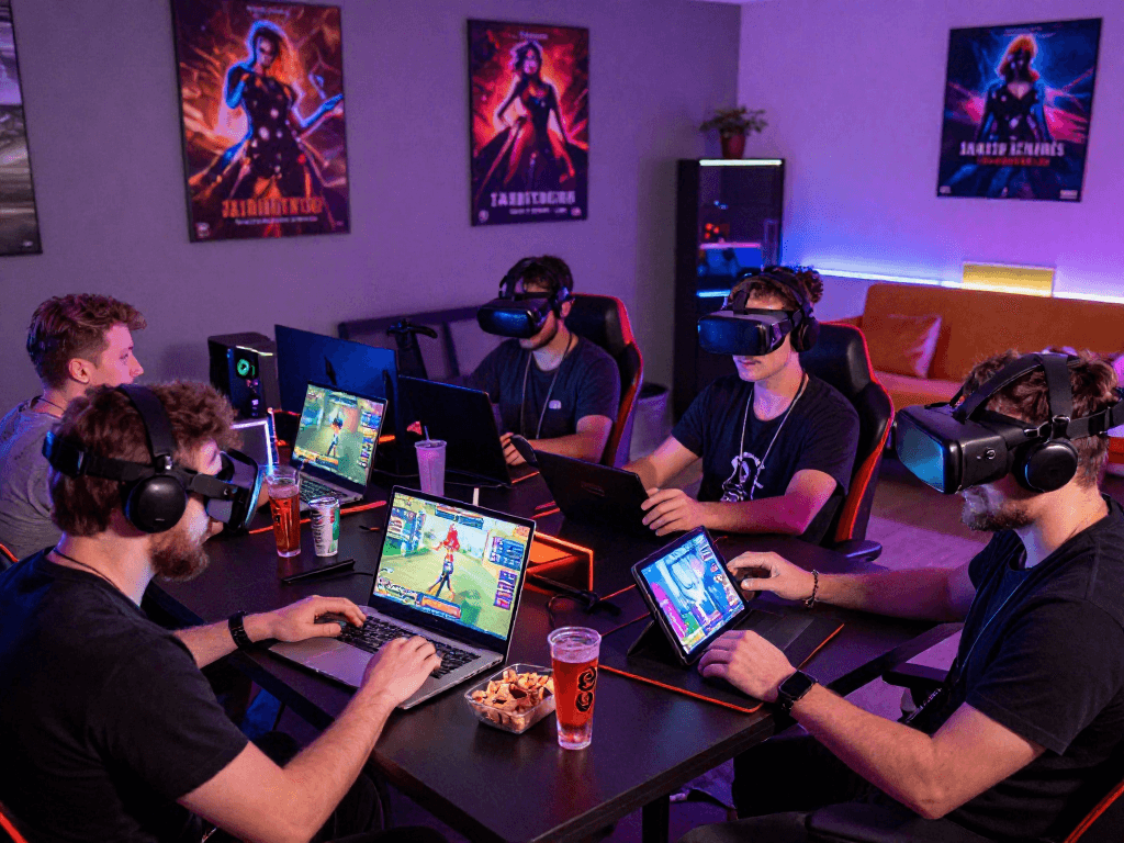 Exciting scene of players enjoying porngames on various devices in a vibrant gaming room