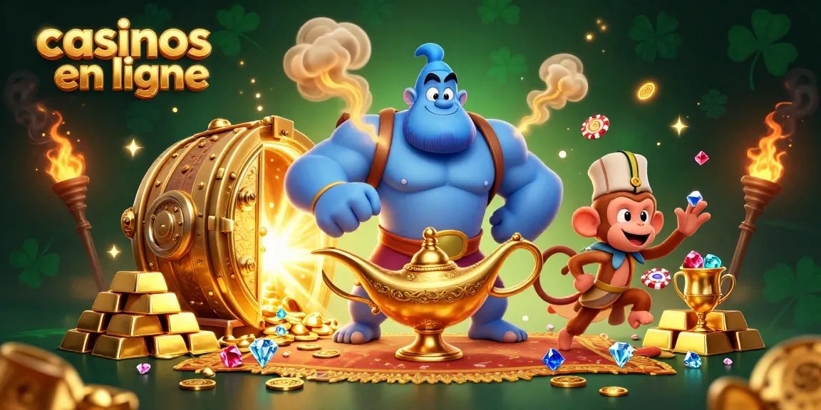 Jouez aux casinos en ligne avec un génie et des trésors dans une illustration dynamique remplie de jetons de poker.