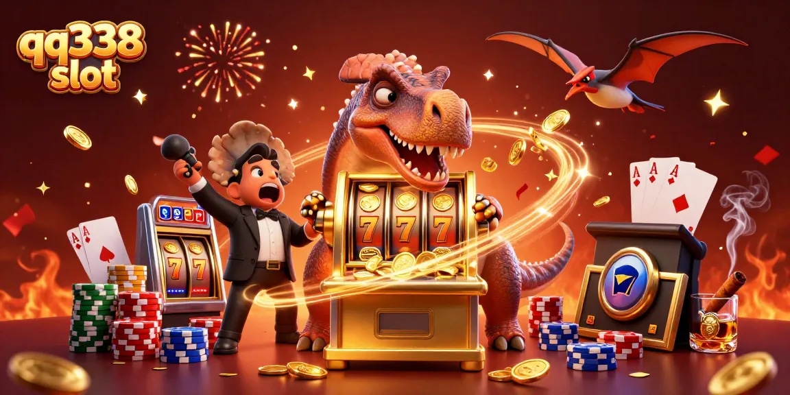 Experience winning with qq338 slot in this vibrant casino scene featuring dynamic characters and celebratory elements.