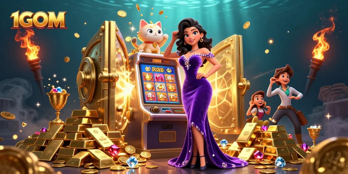 Engage with 1GOM's dynamic slot machine gameplay, featuring coins erupting and a waving mascot.