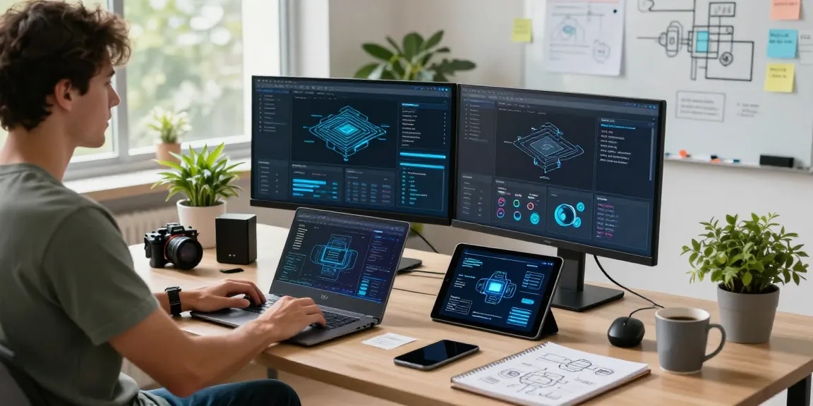 Engineer analyzing edge computing data on dual monitors in a modern tech workspace.