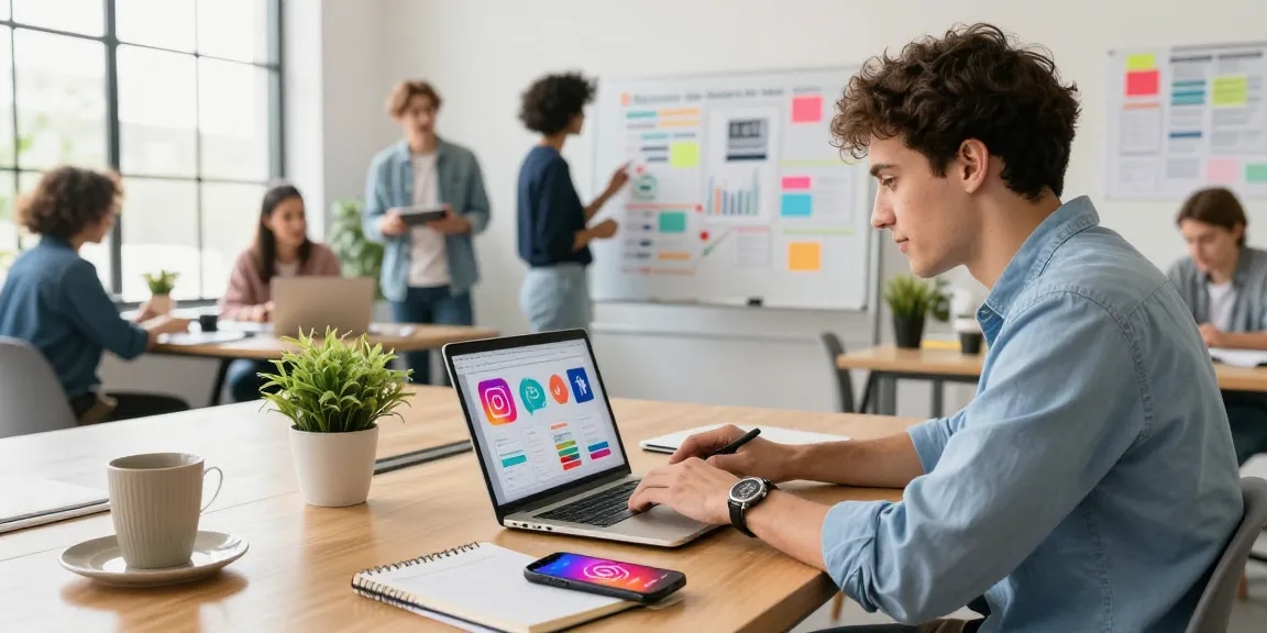 Buy real Instagram likes while analyzing social media marketing strategies in a vibrant co-working space.