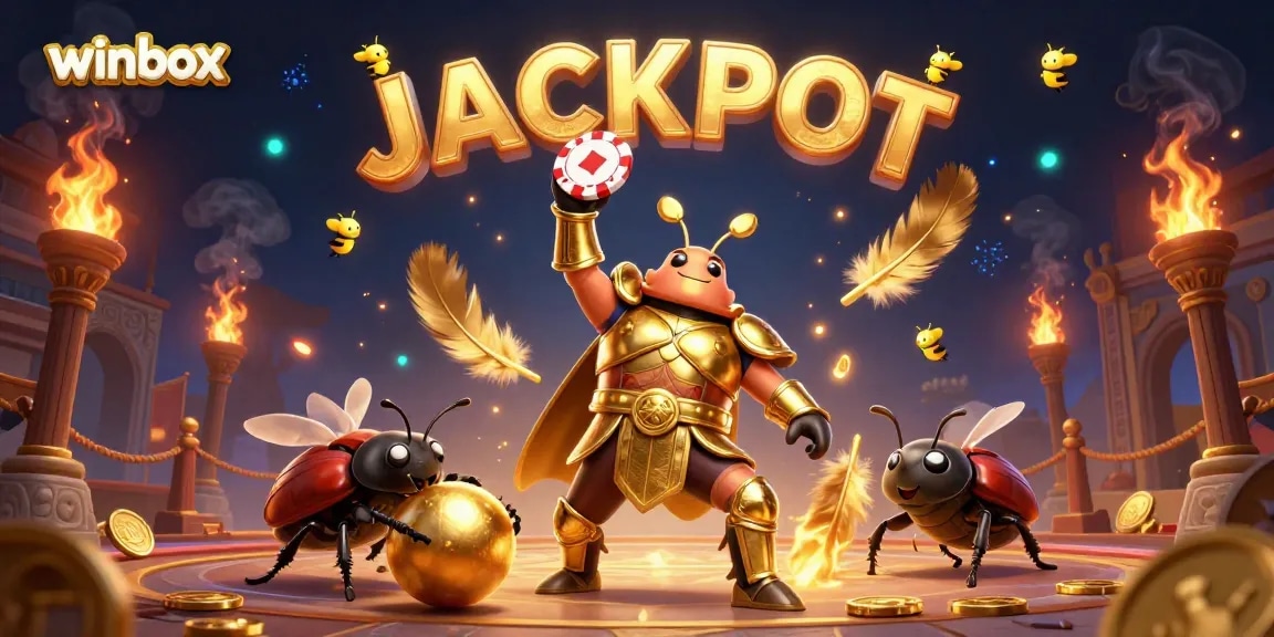 Winbox shows a victorious beetle celebrating a jackpot, with vibrant casino elements.