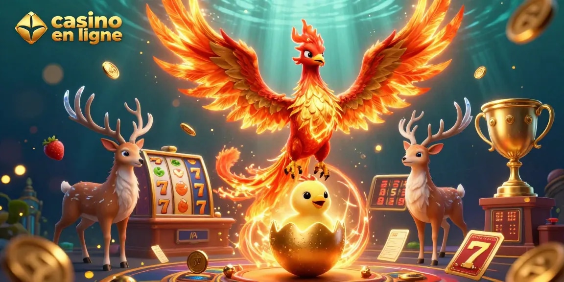 Jouez à des jeux au casino en ligne avec une scène dynamique de phoenix, pièces d'or, et éléments de gain.