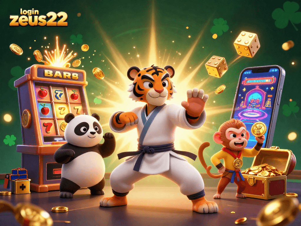 Spin and win with login zeus222 at this vibrant online casino scene featuring dynamic characters and elements.