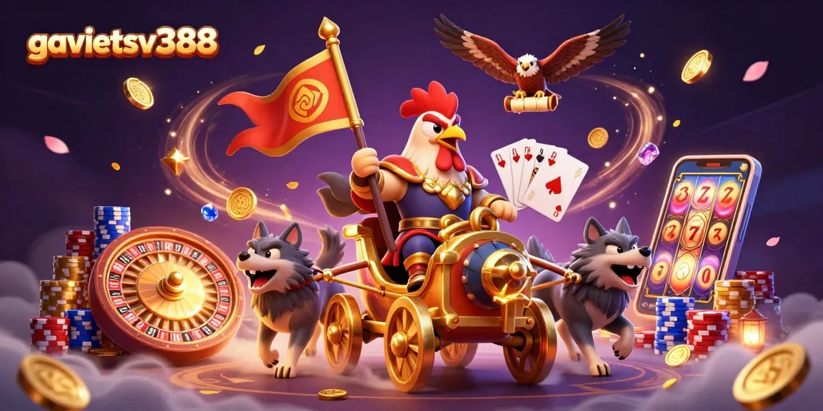 Gavietsv388 showcases intense gambling action with a rooster warlord and vibrant casino elements.