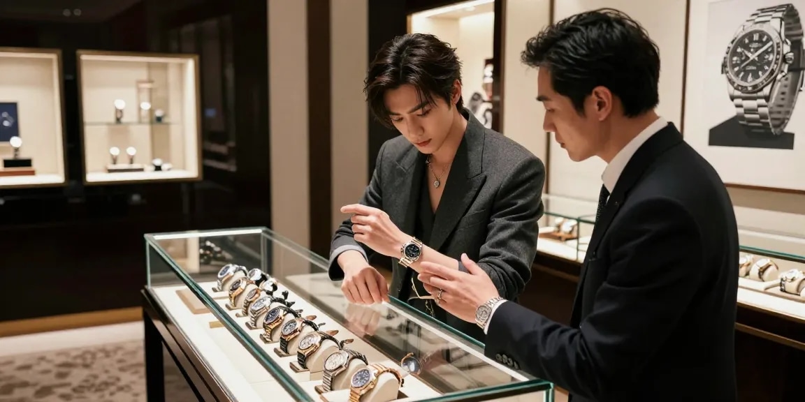 Explore stunning super clone watches in a luxurious urban boutique showcasing high-end brands like Rolex for discerning enthusiasts.