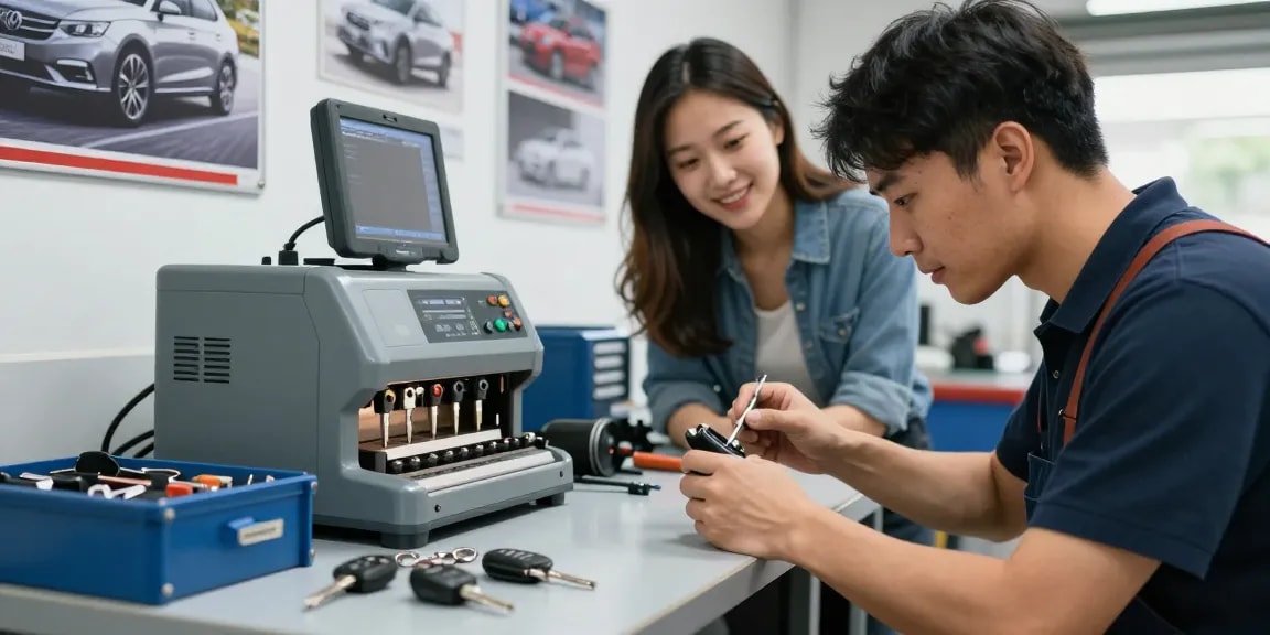 Autosleutel Stuurslot vervangen by expert locksmith in a modern workshop, showcasing tools and customer satisfaction.