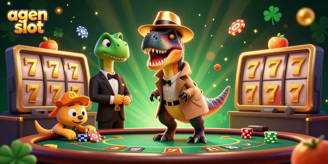 Engage with the excitement of agen slot as a cartoon velociraptor card counter attempts to blend in at a dynamic blackjack table.