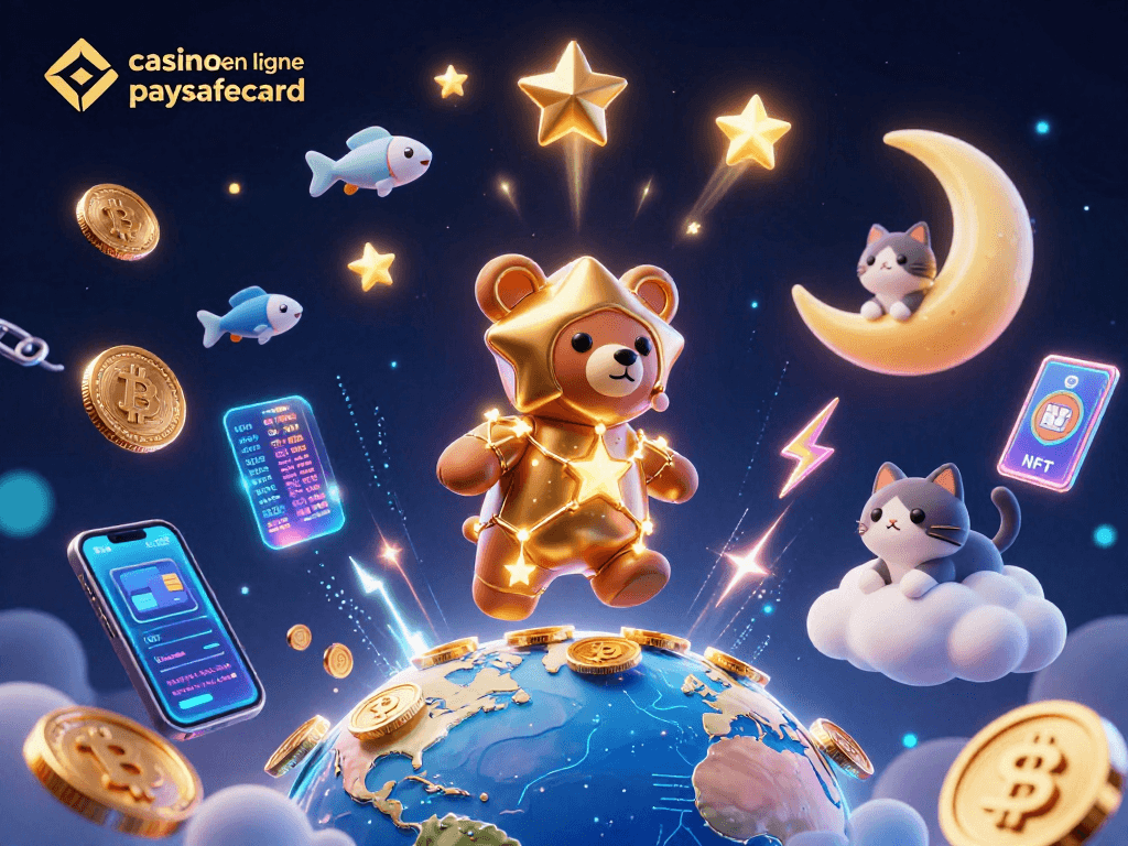 Plongez dans le casino en ligne paysafecard, où un ours constellation attrape des pièces d'or sous une nuit étoilée.