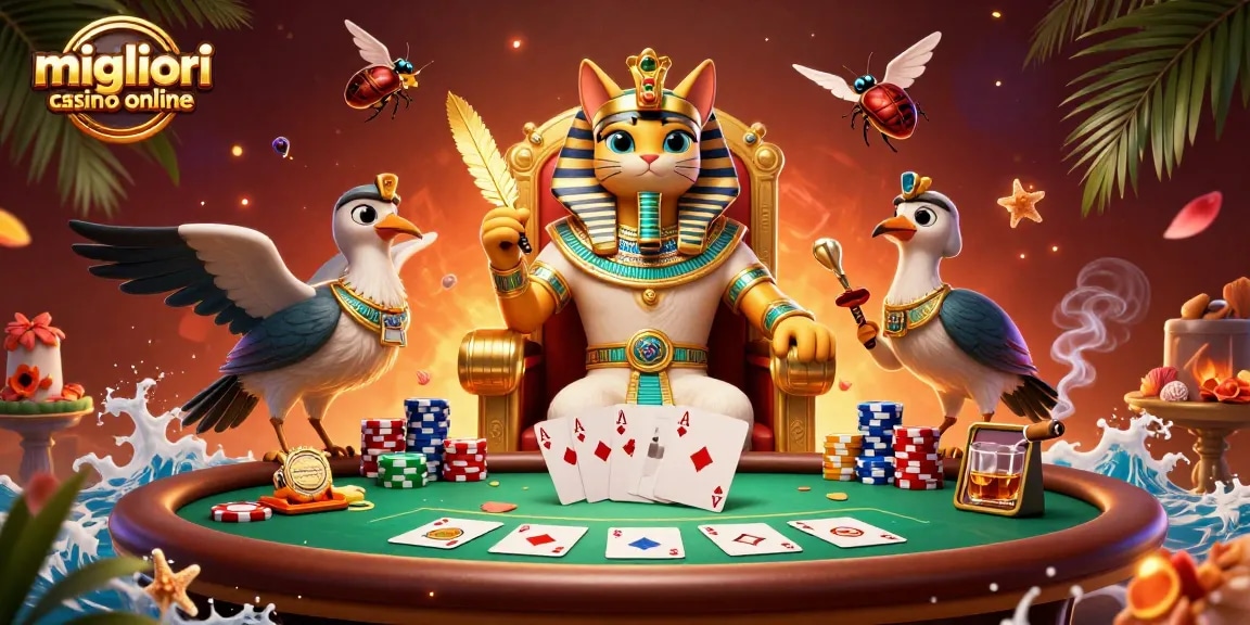 Migliori casino online: un'illustrazione dettagliata di un gatto faraone egiziano con elementi di gioco e atmosfera vibrante.