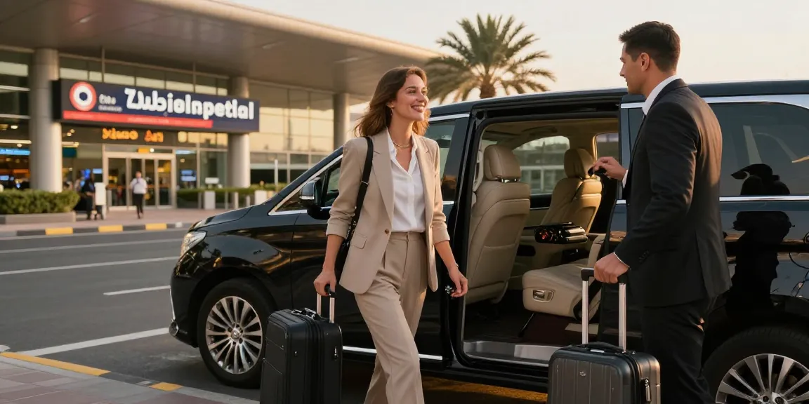 Luxury airport drop off Dubai featuring a traveler greeted by a professional chauffeur at the terminal.