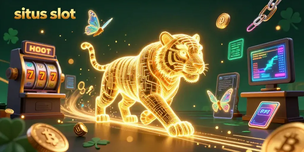 Engage with situs slot gaming dynamics showcasing a neon tiger, vibrant symbols, and cryptocurrency elements.