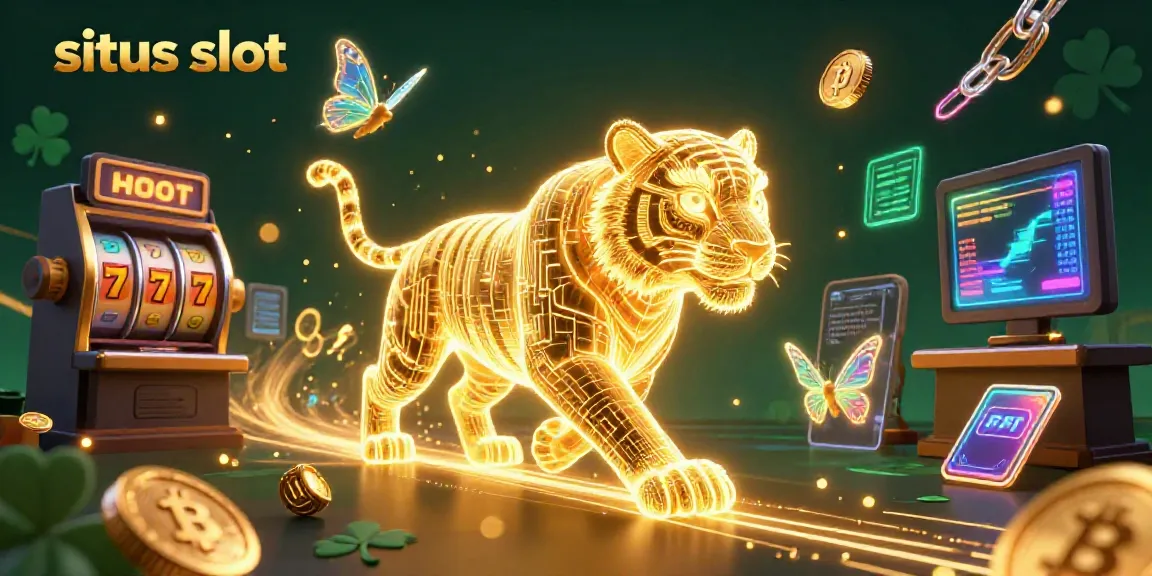 Engage with situs slot gaming dynamics showcasing a neon tiger, vibrant symbols, and cryptocurrency elements.