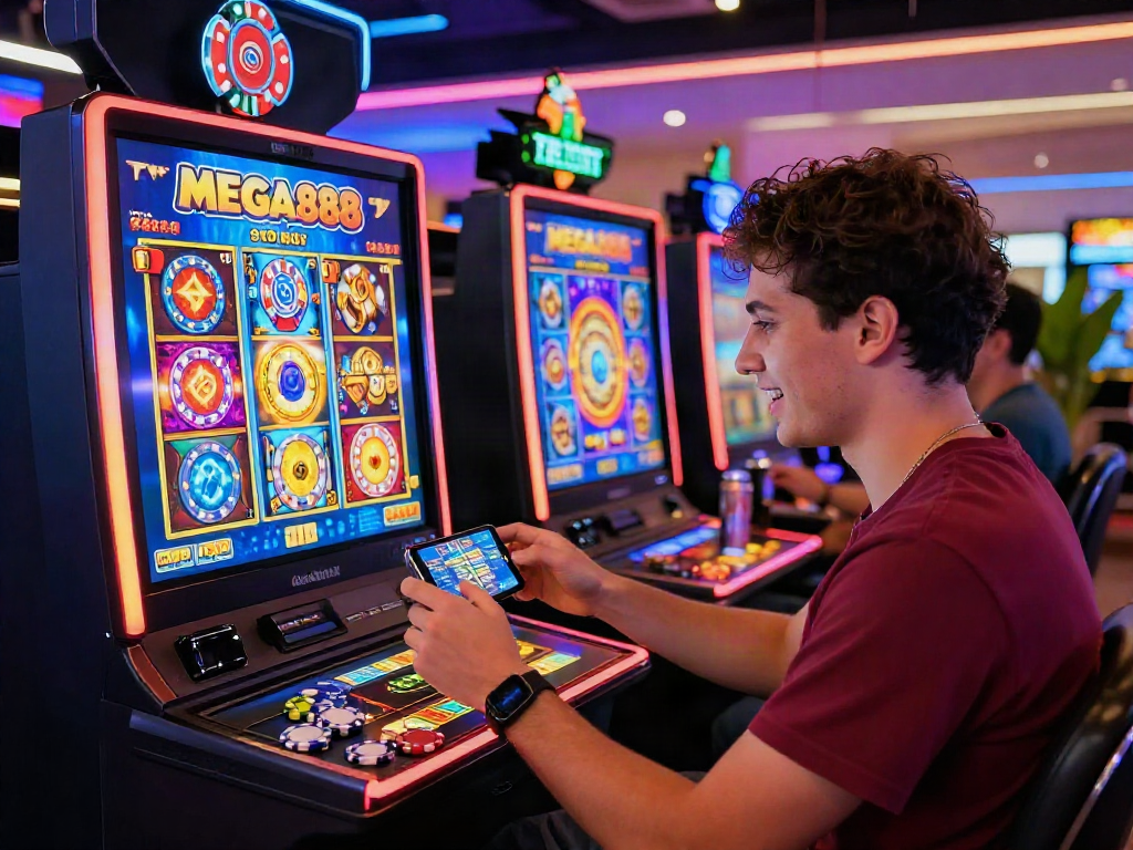 Excited player engaging with MEGA888 mobile games in a vibrant online casino setting.