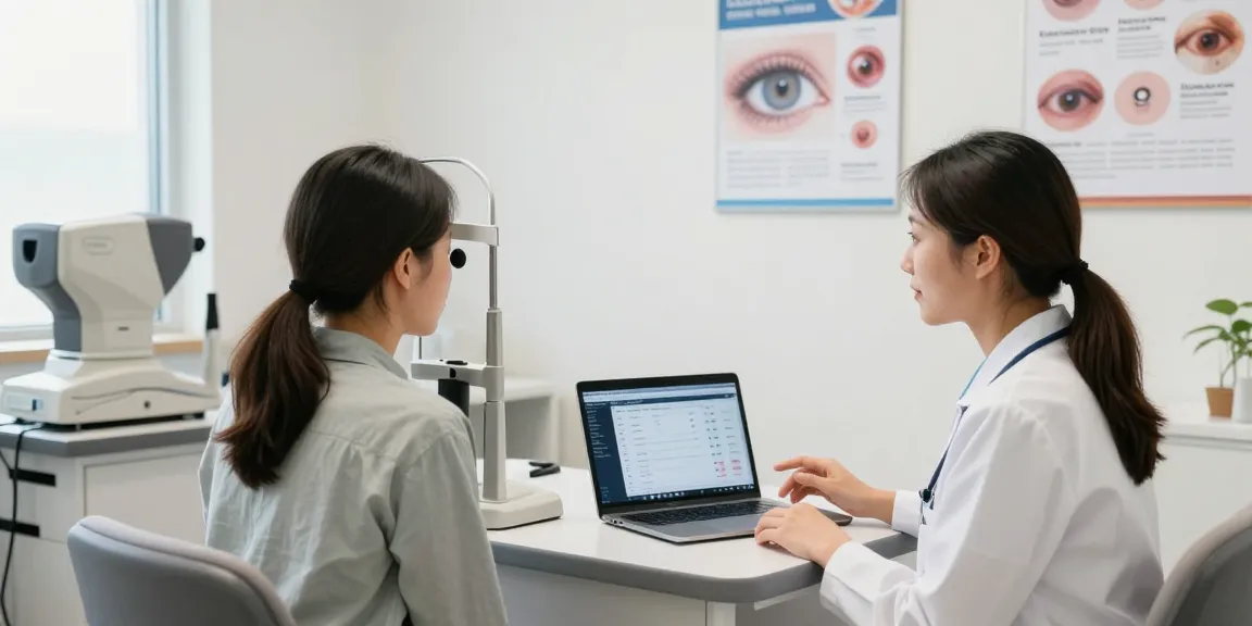 SNU Eye Clinic consultation scene with healthcare professional and patient discussing eye care options.