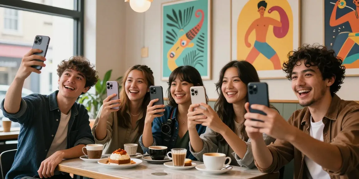 Café scene with diverse friends comparing selfies to find celebrities look alike results.