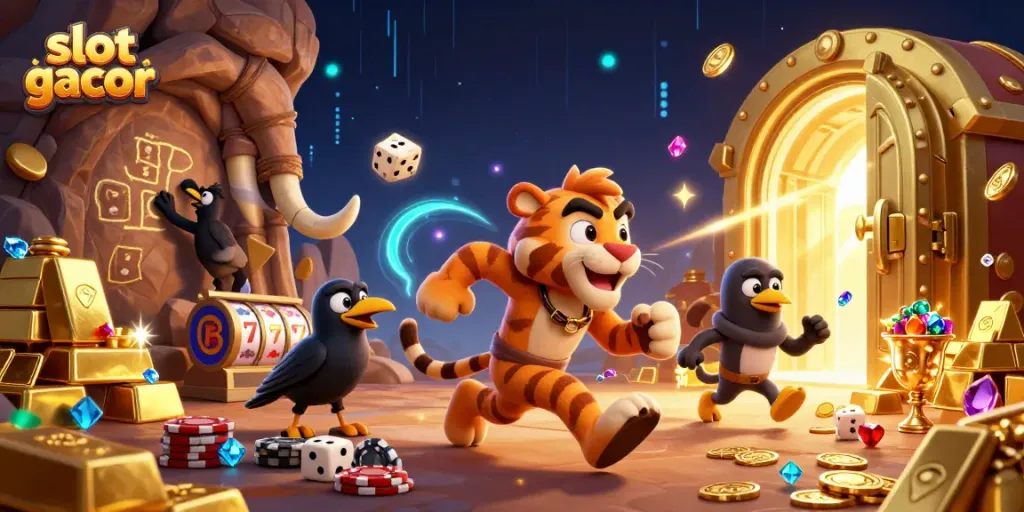 Engage with slot gacor in this vibrant 3D casino illustration depicting a unique prehistoric theme.