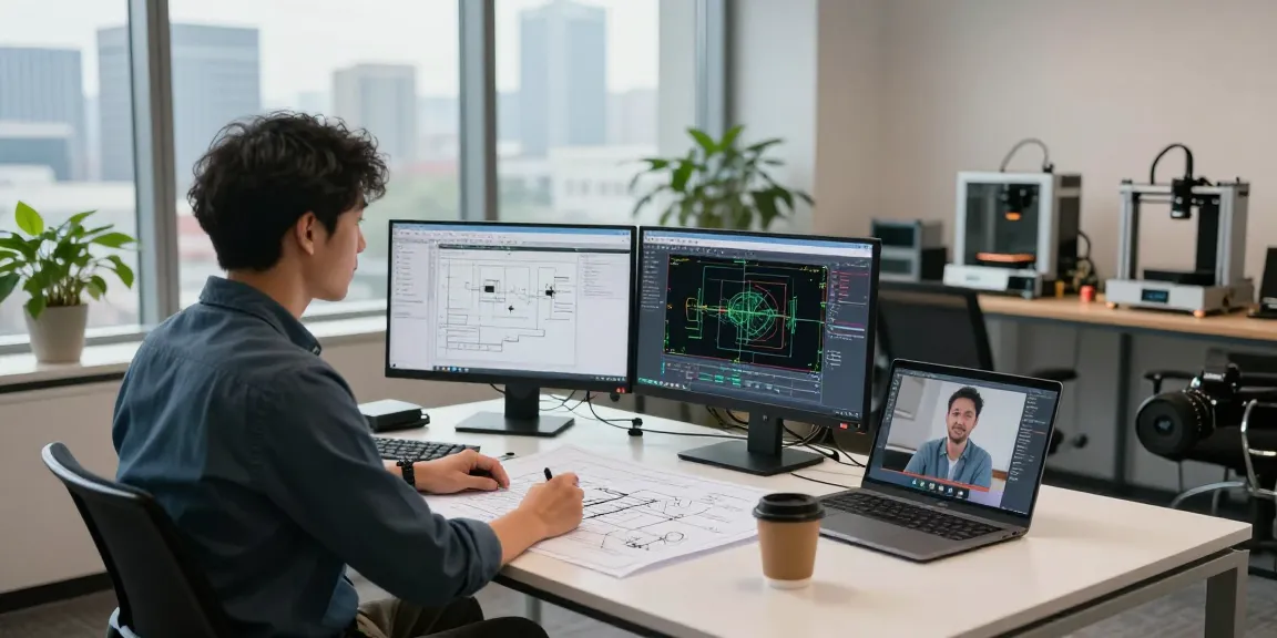 Professional engineer in Missouri consulting on permit engineering, surrounded by blueprints and CAD software in a modern office.