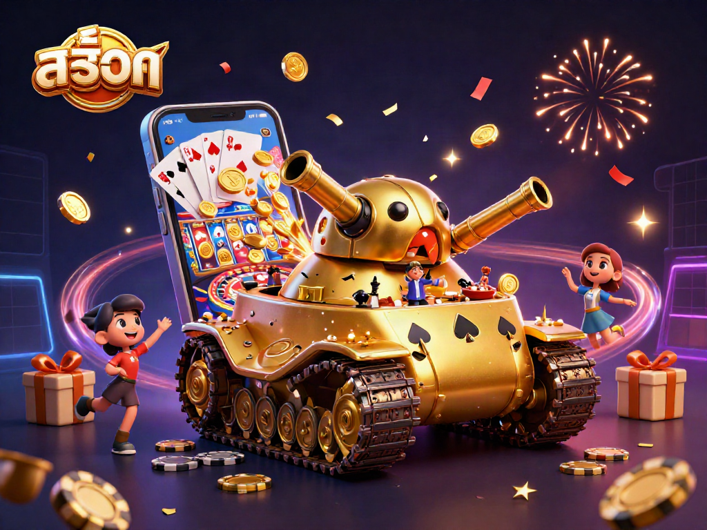 Experience an engaging สล็อต scene with a 3D beetle tank casino, colorful slots, and golden coins!