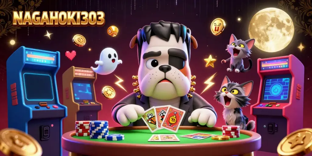 Permainan kartu NAGAHOKI303 dengan monster bulldog dan kucing werewolf dalam suasana kasino spooky