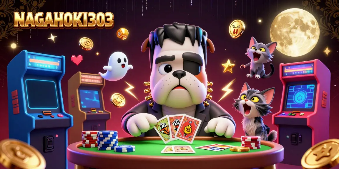 Permainan kartu NAGAHOKI303 dengan monster bulldog dan kucing werewolf dalam suasana kasino spooky