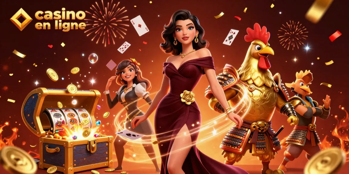 Win big at casino en ligne with a glamorous scene featuring a stunning woman and a golden warrior.