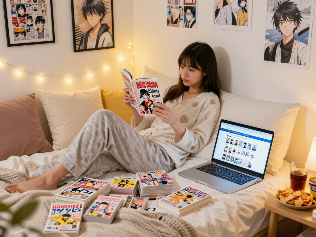 Engaging manga reading experience at https://hitomi-mangaraw01.com/ in a cozy bedroom.